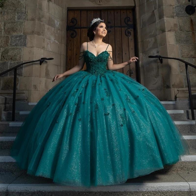Mexican Dark Green Quinceanera Ball Gown Shiny Lace Applique Beaded Tull Corset Sweet 16 Dress Vestidos De 15 Anos
