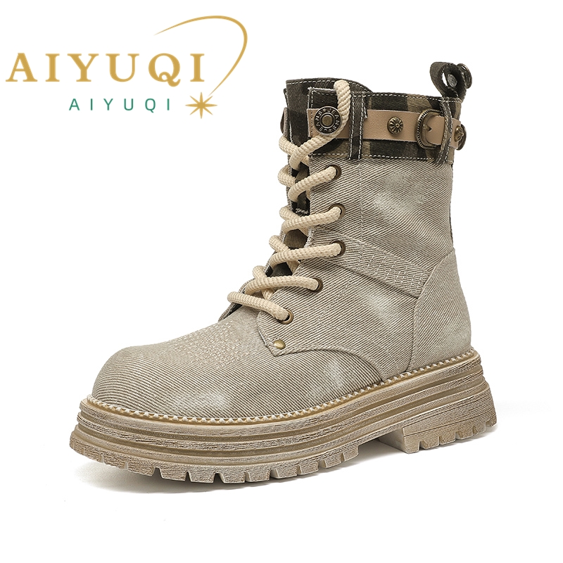AIYUQI Motorcycle Boots Women Fall 2024 New Denim Women's Ankle Boots Platform Vintage British Style Cargo Boots Ladies