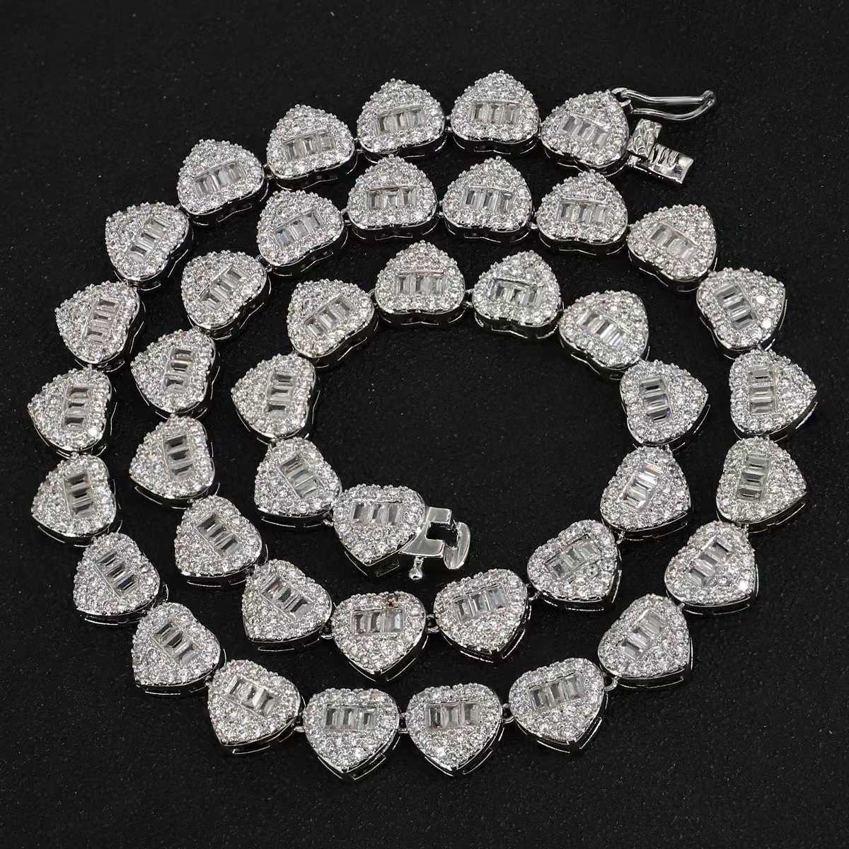 Dropshipping Hip Hop Jewelry 13mm Sterg Sier VVS Moissanite Dia Iced Out Heart Shape Tennis Chain Necklace