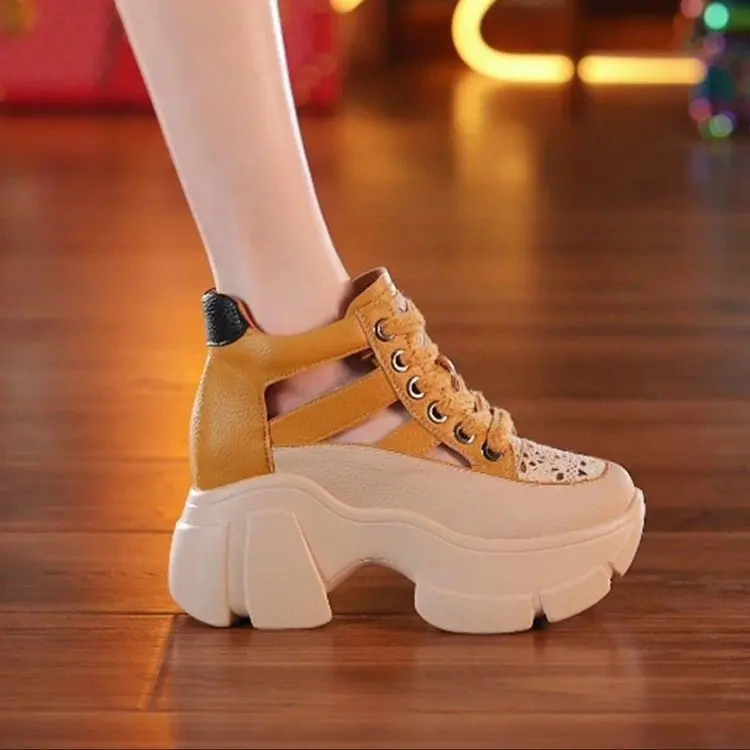 2025 new Hollow Sandals Wedge Heels Leather Sneakers Women High Platform Beach Gothic Punk Casual Breathable Walking Slippers f0e8
