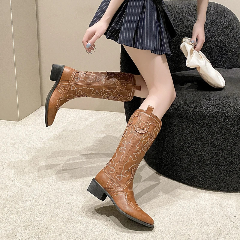 Embroidery Women Western Cowgirl Boots Fashion Slip On Knight Long Booties Autumn Winter Female Thick Heel Shoes