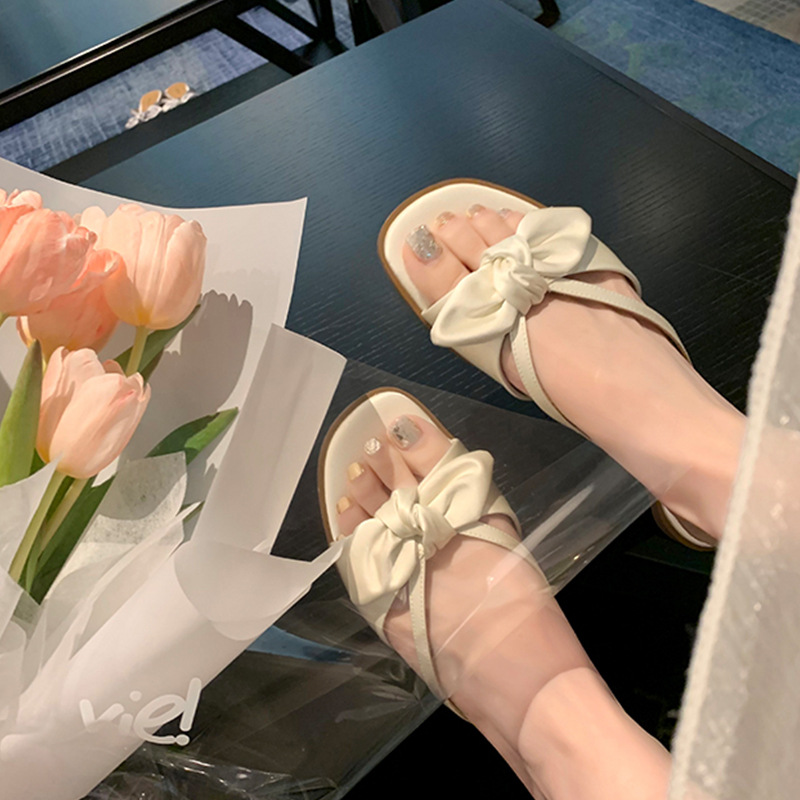 silk designer bowtie slippers women outdoor New slides shoes flat heel pink bow flip ps narrow band sandalias mujer 2023