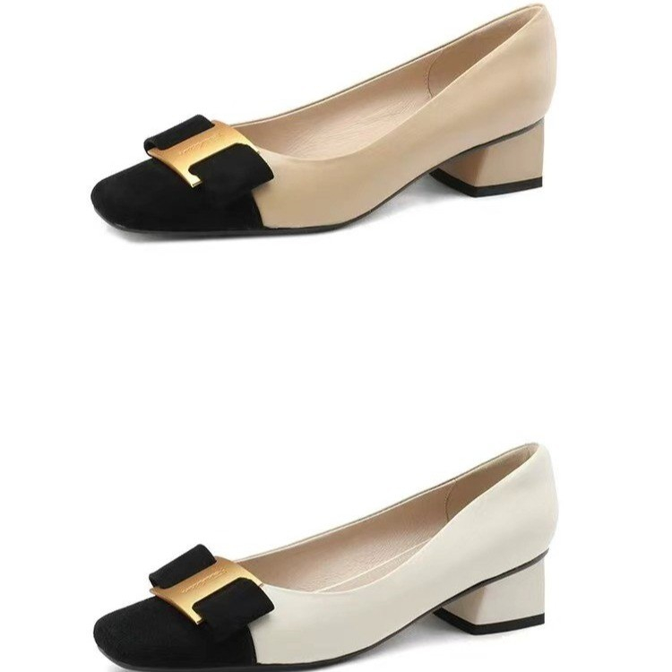 Women's Leather Pumps: Classic Bow Decor, Thick Heel, Square Toe, Elegant Office Shoes dh910320090