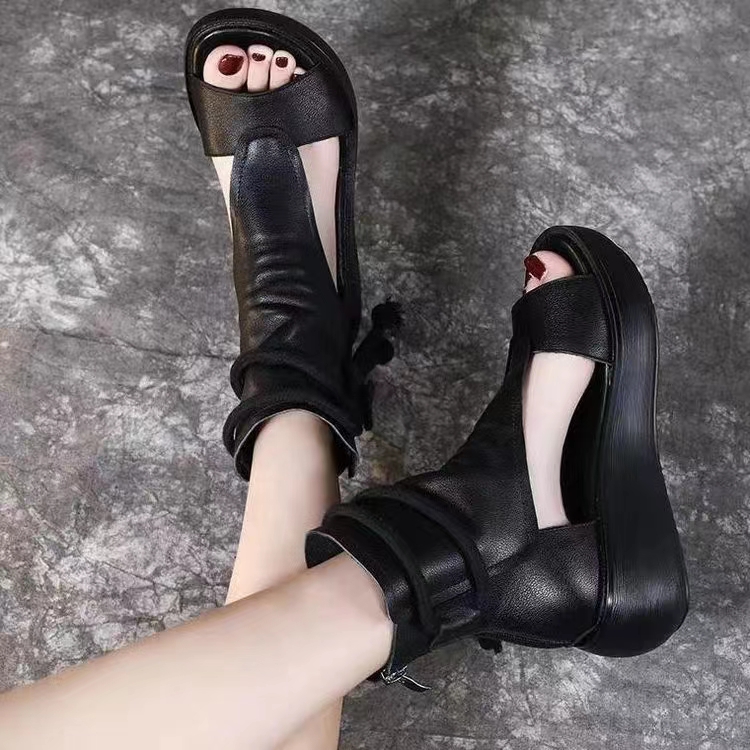 New Retro Soft PU Leather Ladies Cool Boots 2024 Fashion Women Sandals Summer Fish Mouth Sandals Wedges Mid Heels Shoe Sandalias