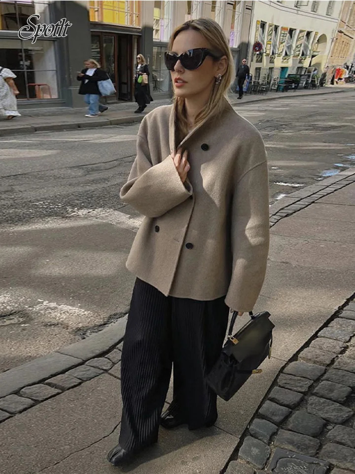 Retro Loose Casual Woolen Coats Women Double Breasted Stand Collar Short Jacket Autumn Winter Office Lady Street Outerwear 240830