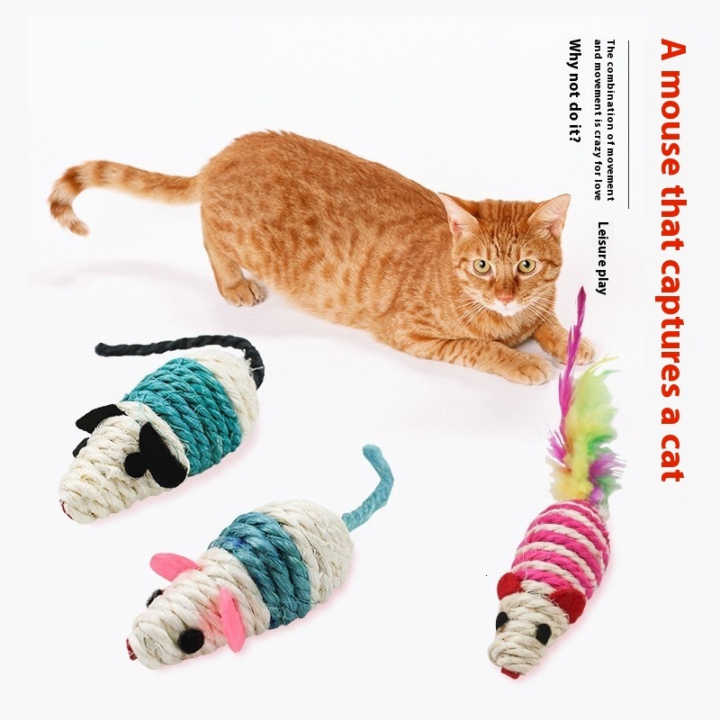 Cat with self satisfied, nibbg on multi-color playful cat toy, sisal ball, grinding teeth, making sound hemp rope tail ball