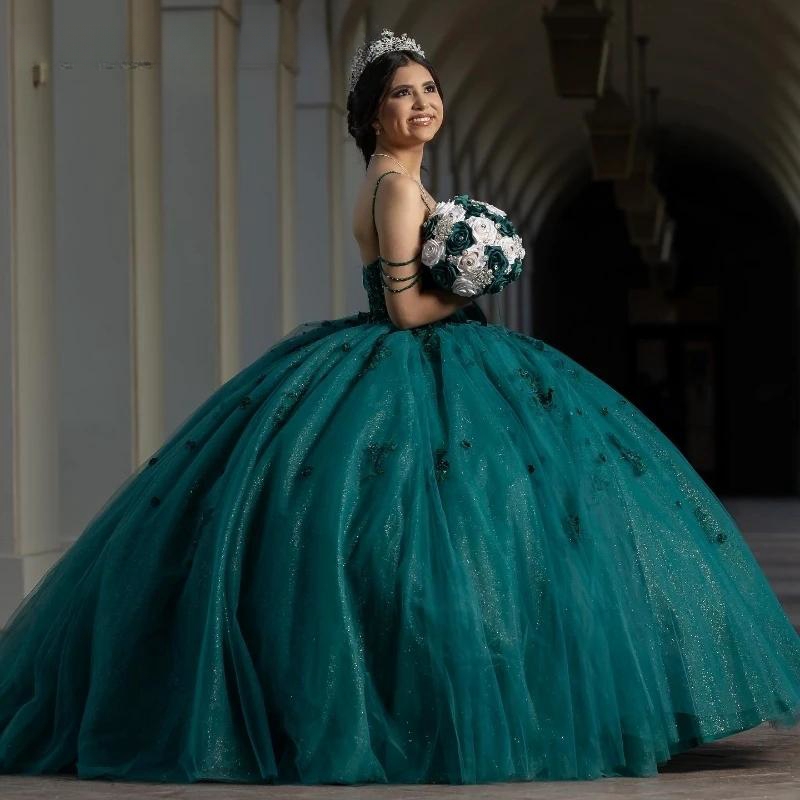 Mexican Dark Green Quinceanera Ball Gown Shiny Lace Applique Beaded Tull Corset Sweet 16 Dress Vestidos De 15 Anos