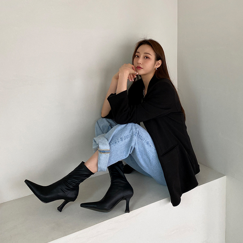 Women's small square toe slim heel brown high-heeled short boots