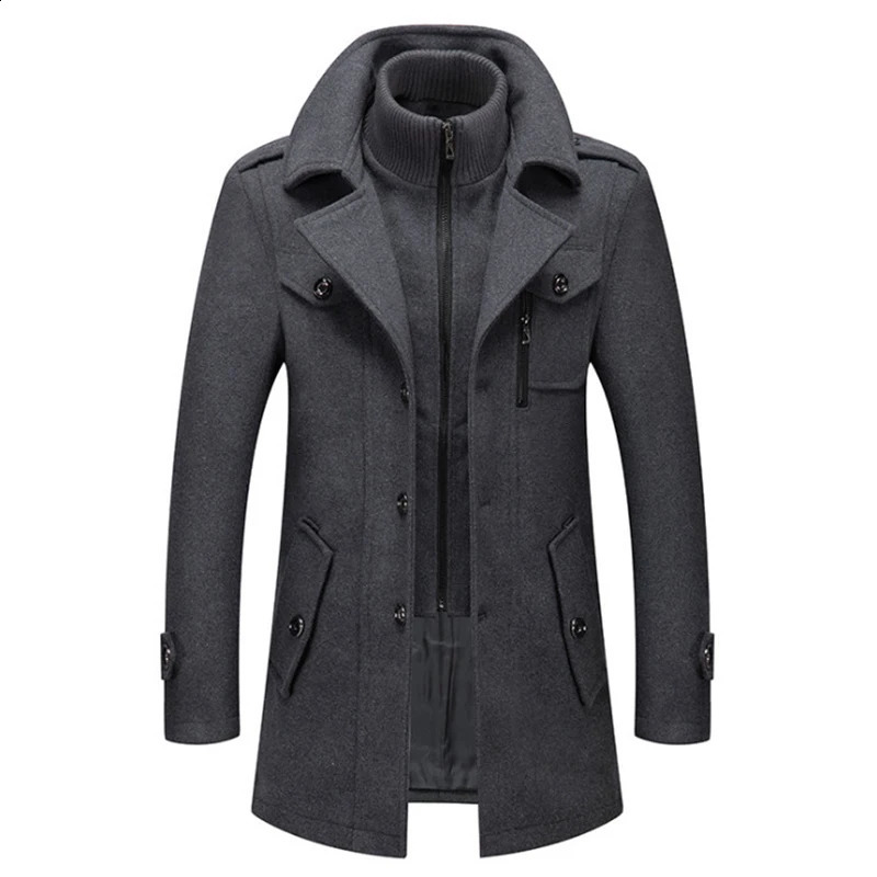 mens wool blend coat for autumn and winter solid color cold resistant mens wool coat double neck casual trench coat 240912