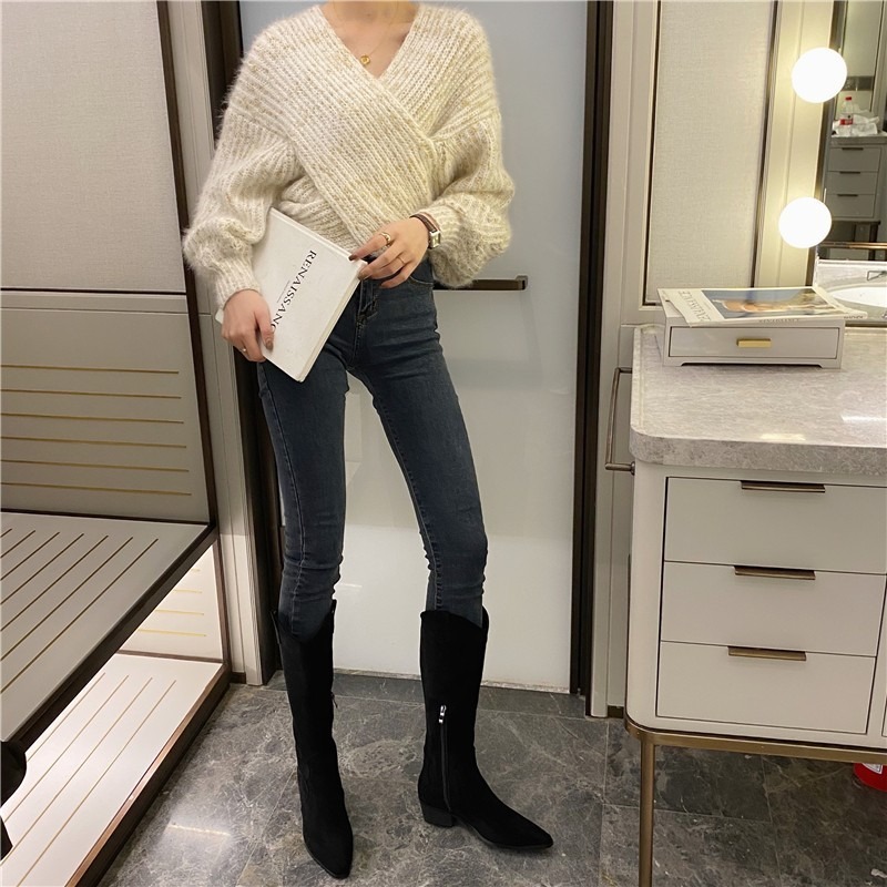 Western Embroidered Zipper Women Autumn Pointed Toe Thick Heel High Knee Boots Woman Suede Fabric Long Botas Mujer Q319 104e