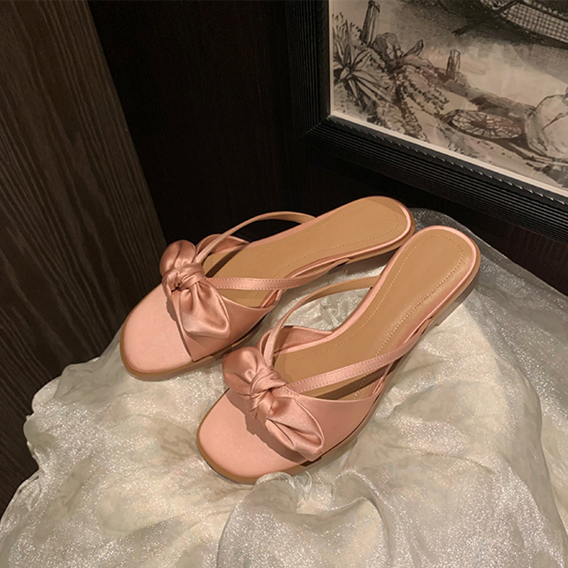 silk designer bowtie slippers women outdoor New slides shoes flat heel pink bow flip ps narrow band sandalias mujer 2023