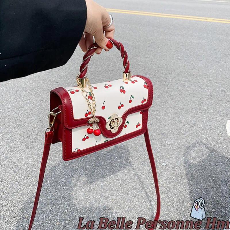 Bag 2024 Cherry Pattern Sweet Square Small Satchel PU Leather Women's Handbag Adjustable Strap Chain Shoulder Ladies Daily Totes