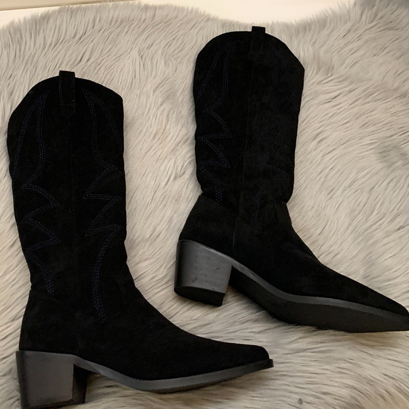 Women Cowboy Boots Fashion Square Low Heel Ladies Elegant Slip On Long Booties Winter Pointed Toe Women's Footwear