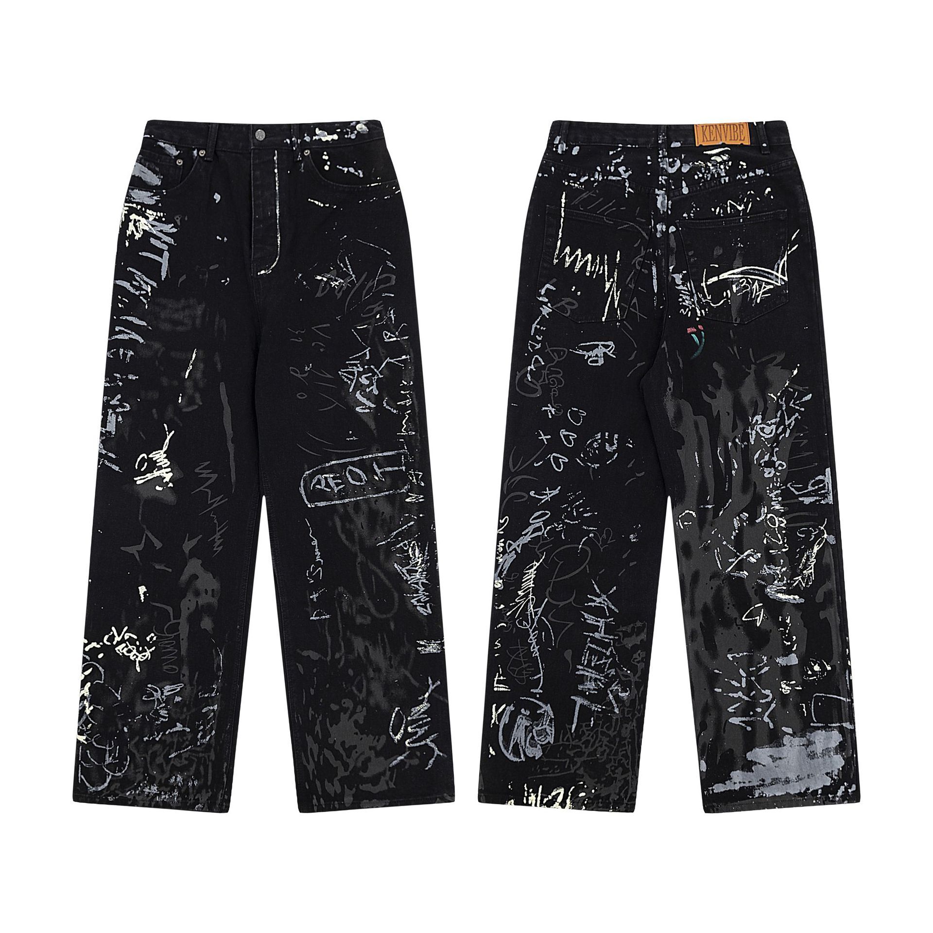 American Style Niche Paris Graffiti Jeans Trendy Style High Street Loose Wide Leg Pants for Men and Women