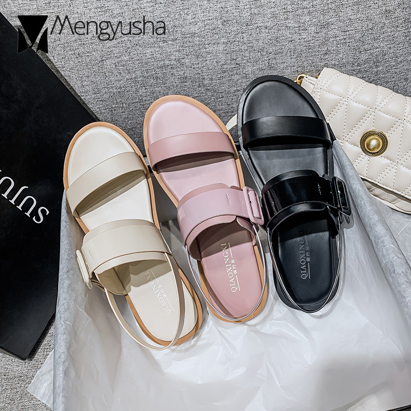 sweet women/girl's pink leather flat sandals double band buckle belt gladiator sandalias mujer brand sandalen New dames big size 43