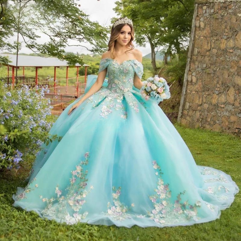 Mint Green Off The Shoulder Ball Gown Quinceanera Appliques Lace Bow Tull Birthday Party Beaded Prom Dresses Vestido De 15 Anos