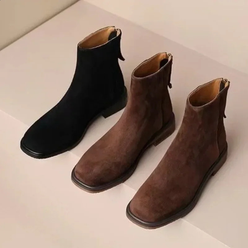 Ladies Shoes Zipper Womens Boots Winter Square Toe Suede Warm Solid Short Barrel Chunky Heels Fashion Boots 240830