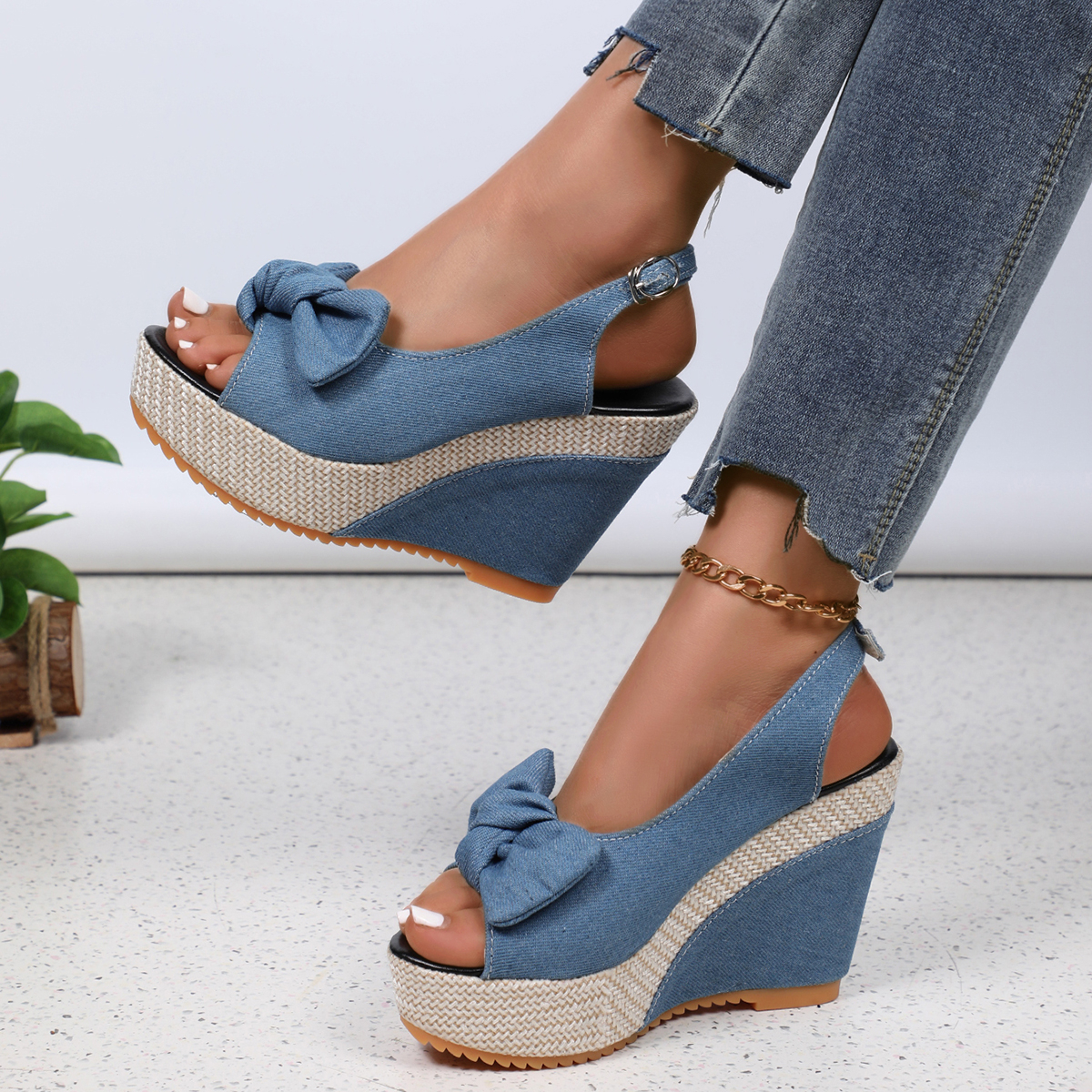 Women's Ankle Strap Peep Toe Platform Denim Wedge Sandals Zapatos De Mujer Wedges Sandal Thick Sole Sandalias High Heel Sandals