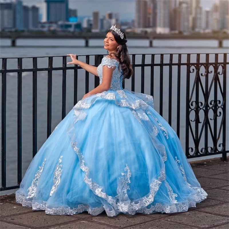 Princess Quinceanera Off Shoulder Lace Appliques Beads Crystal Tull Ball Gown Sweet 16 Dresses Vestidos De 15