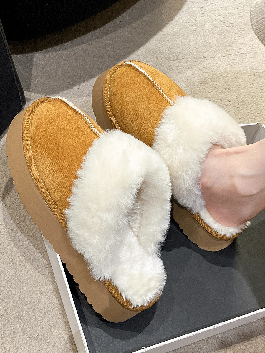 Cover Toe Fur Shoes House Slippers Platform Med Winter Footwear Slipers Women Slides ck Plush Flat Shearg Rubber Snow 240830