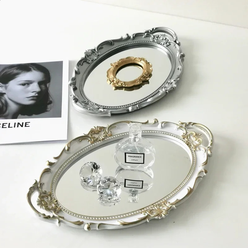 European Decorative Plate Storage Tray Oval Plate Jewelry Display Rotary Candy Decor Tray Mirror Decorative Make Up Mirror 240830