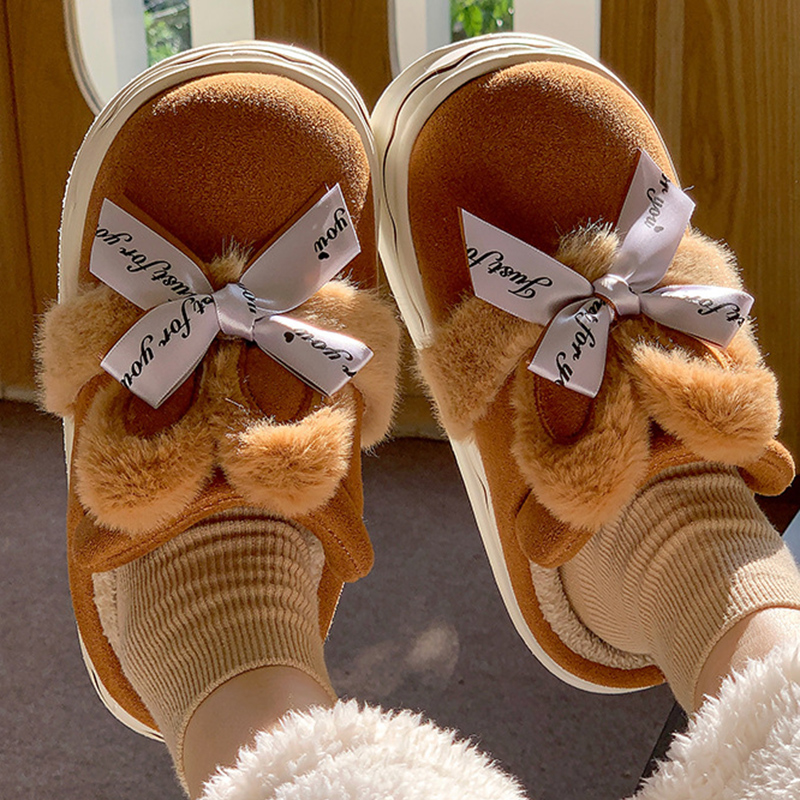 2025 NEW Home Lucyever Rabbit Bow Cotton Slippers for Women Winter Faux Suede Warm Slides Woman Comfy Thick Sole Plush Shoes Female hurenlakeshoes