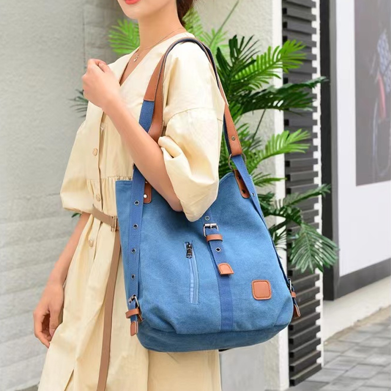 Fashion Canvas Shoulder Bag Women's Large Capacity Backpack New Multi functional Crossbody Bag Outdoor Leisure Portable Bag
