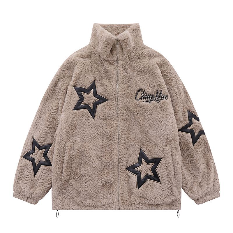 Embroidered Star Plush Thick Coat Trendy Style Harajuku Lazy Bf Style Loose Couple Cotton Jacket