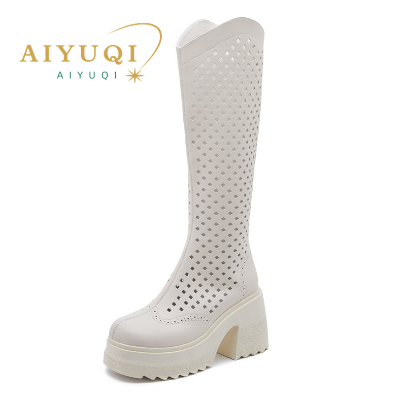 Mesh AIYUQI 2024 New Genuine Leather High Heeled Summer Platform Knight Boots Women d1e7