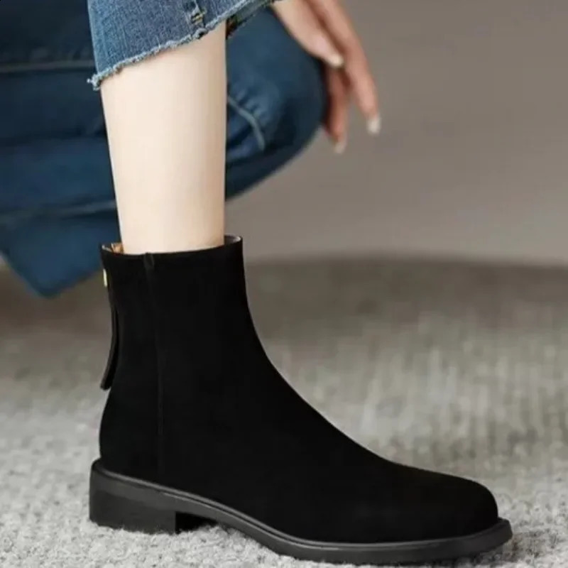 Ladies Shoes Zipper Womens Boots Winter Square Toe Suede Warm Solid Short Barrel Chunky Heels Fashion Boots 240830