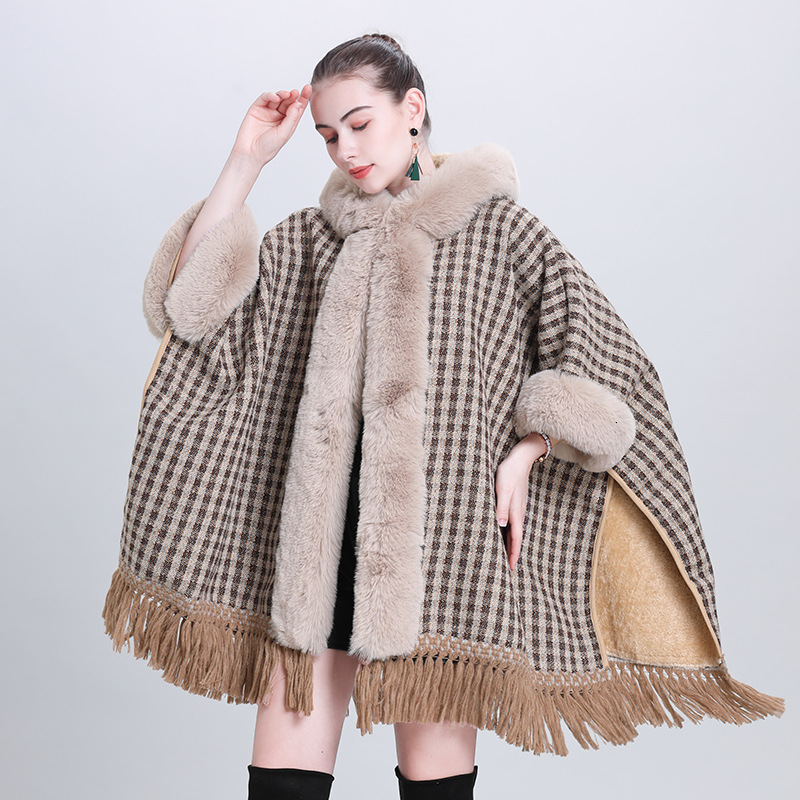 Autumn and Winter New Cape Shawl Loose and Plush Thick Fur Collar Hooded Tassel Cardigan Shawl Cloak Outerwear 1186