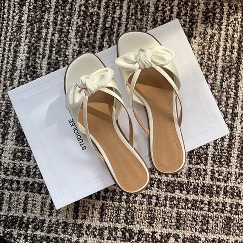 silk designer bowtie slippers women outdoor New slides shoes flat heel pink bow flip ps narrow band sandalias mujer 2023