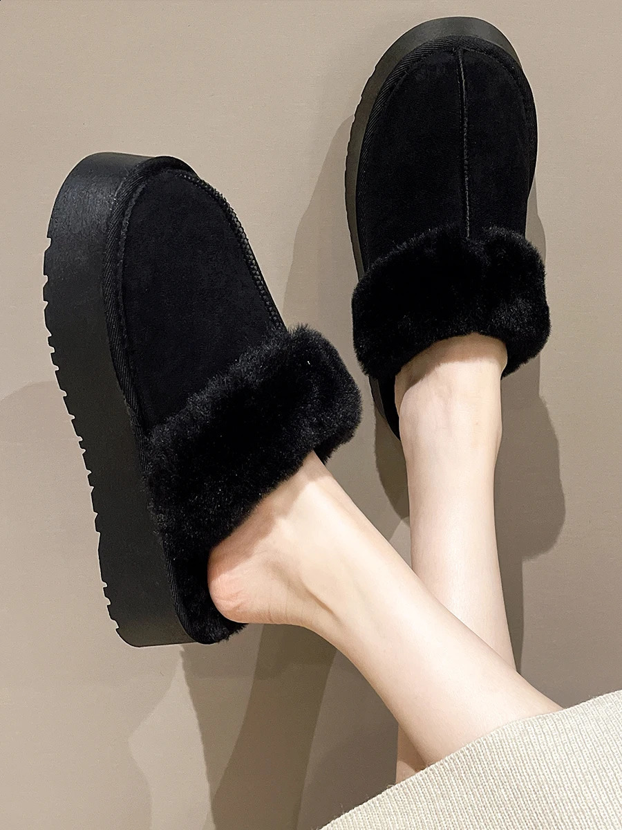 Cover Toe Fur Shoes House Slippers Platform Med Winter Footwear Slipers Women Slides ck Plush Flat Shearg Rubber Snow 240830
