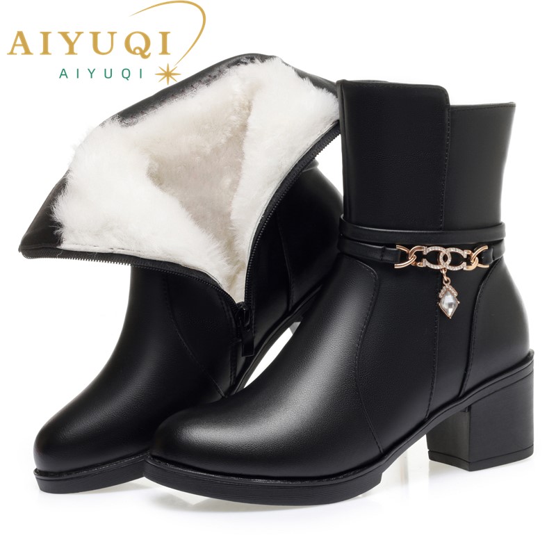AIYUQI Women Snow Boots Winter 2024 New Genuine Leather Women Ankle Boots Round Toe Large Size Wool Women's Short Booties