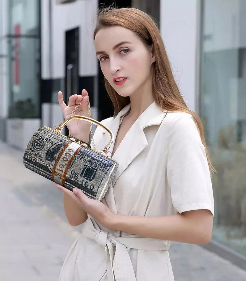 Full of diamonds small cylinder shoulder women bag set with diamonds Fashion dollar bag rhinestone dinner bag saco 240830