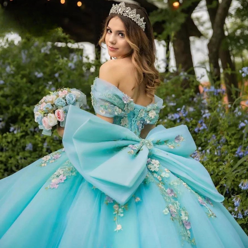 Mint Green Off The Shoulder Ball Gown Quinceanera Appliques Lace Bow Tull Birthday Party Beaded Prom Dresses Vestido De 15 Anos