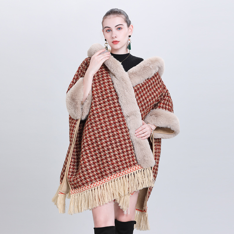 Autumn and Winter New Cape Shawl Loose and Plush Thick Fur Collar Hooded Tassel Cardigan Shawl Cloak Outerwear 1186