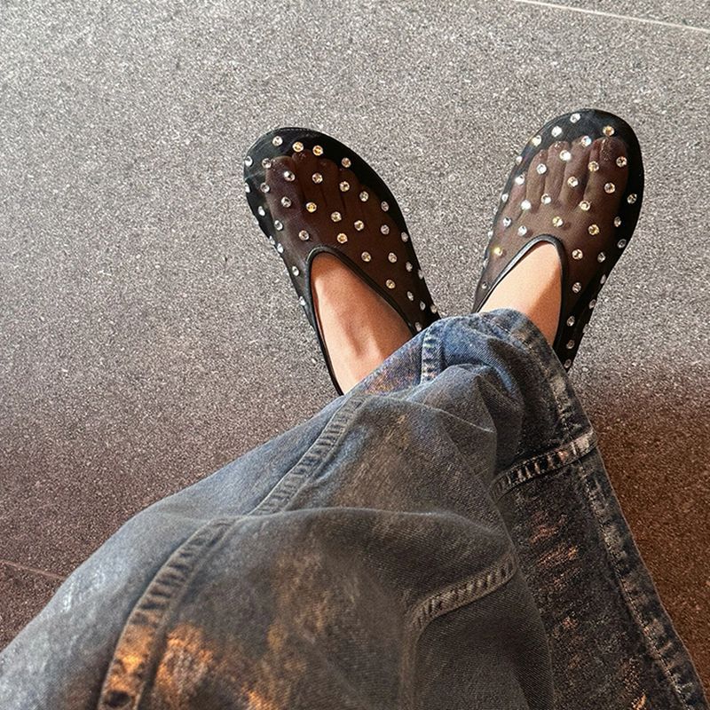 Fashion Crystal Women Ballet Flats Mesh Dance Flat Shoes Casual Driving Walking Loafers Espadrilles Ladies Slip-on Lazy Shoes
