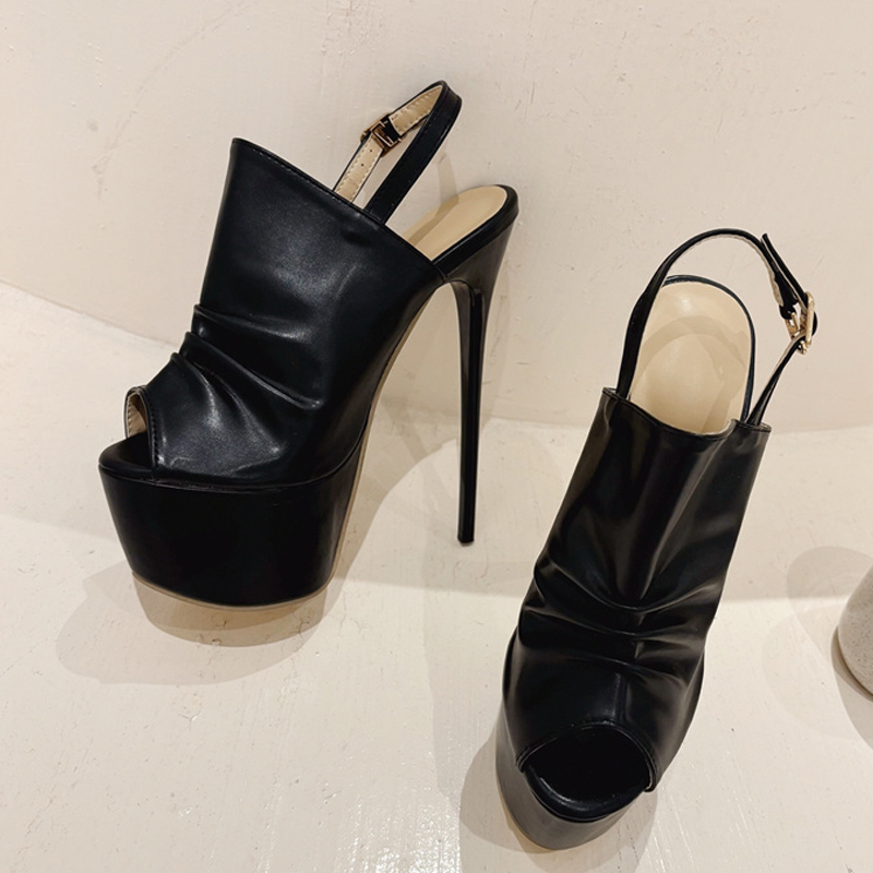 2025 new Summer Liyke Cozy Pleated Leather Women's Super High Heels Platform Sandals Sexy Peep Toe Party Nightclub Stripper Shoes Black fb47