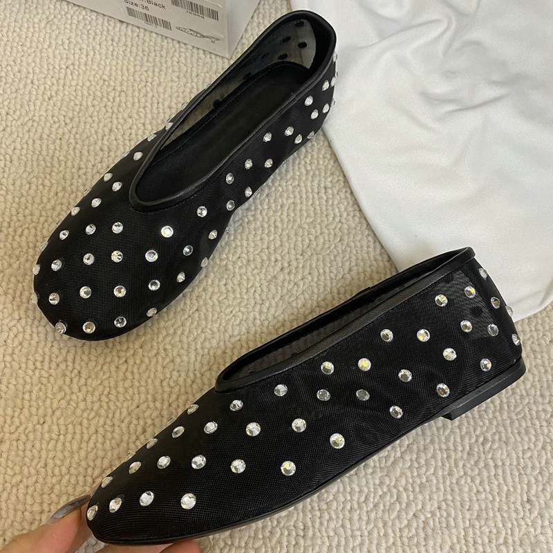 Fashion Crystal Women Ballet Flats Mesh Dance Flat Shoes Casual Driving Walking Loafers Espadrilles Ladies Slip-on Lazy Shoes