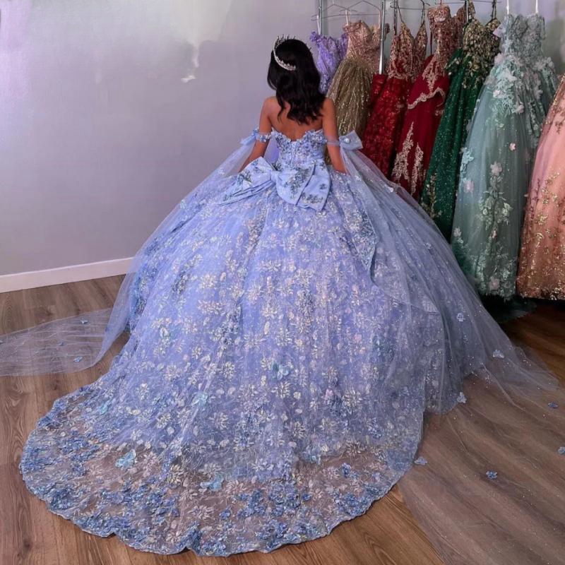 Quinceanera Sweet 16 Dresses With Cape Sequin Lace Applique 3D wer Beads Crystal Tull Off Shoulder Lace-up Vestidos De 15 Anos