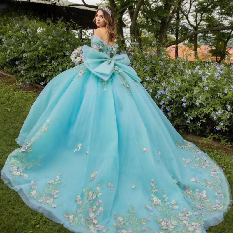 Mint Green Off The Shoulder Ball Gown Quinceanera Appliques Lace Bow Tull Birthday Party Beaded Prom Dresses Vestido De 15 Anos