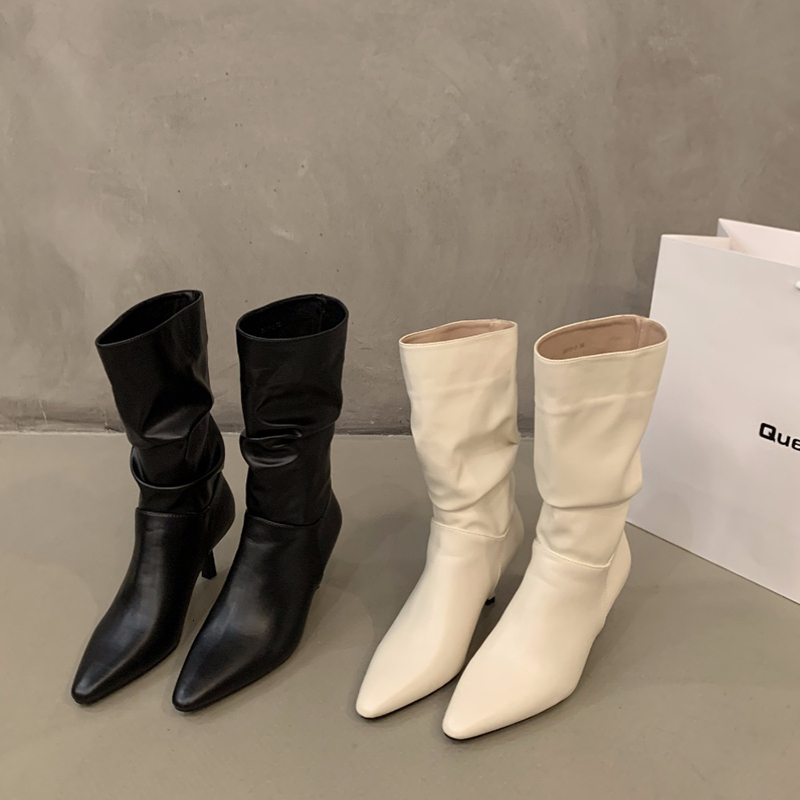 Designer Pleated Women Short Boots Fashion Elegant Pointed Toe Shoes Thin High Heels Ladies Knight Mid Calf Booties