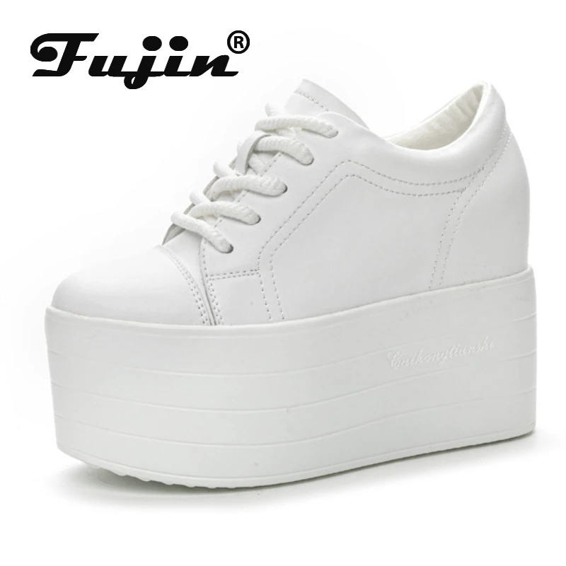 Fujin 12cm Genuine Leather Synthetic Women Autumn Spring Platform Wedge Women Fashion Sneakers Chunky Shoes Vulcanize Skateboard