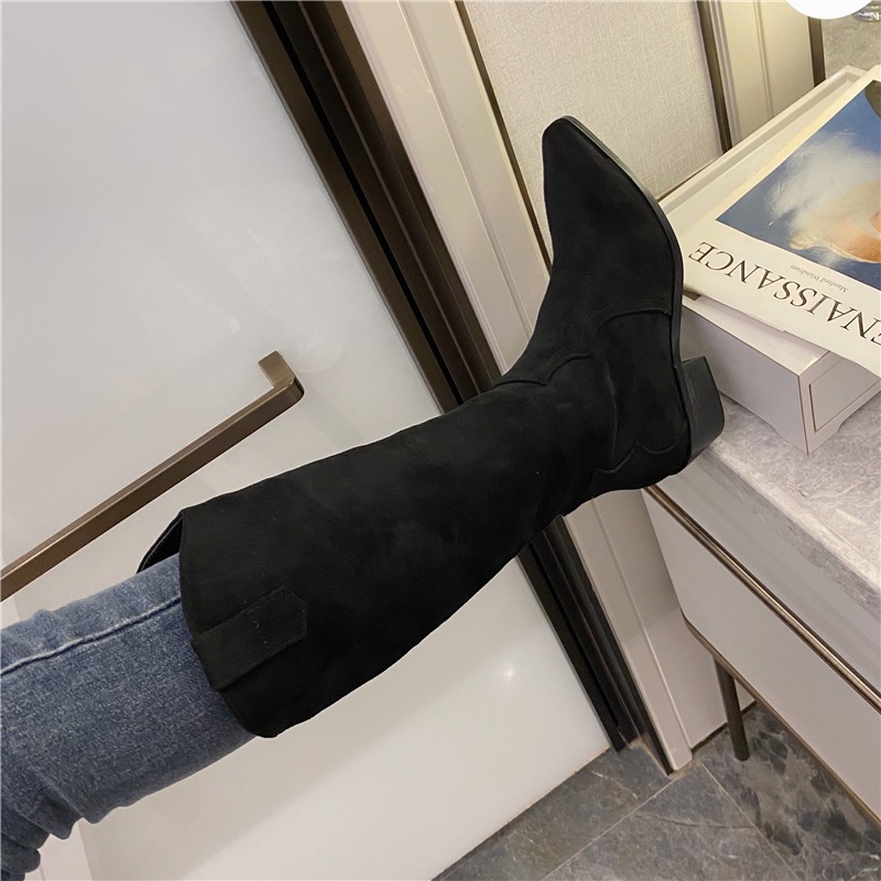 Western Embroidered Zipper Women Autumn Pointed Toe Thick Heel High Knee Boots Woman Suede Fabric Long Botas Mujer Q319 104e