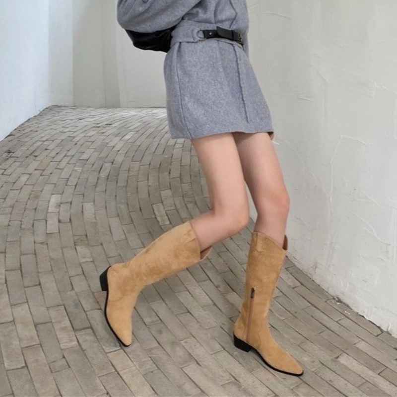 Western Embroidered Zipper Women Autumn Pointed Toe Thick Heel High Knee Boots Woman Suede Fabric Long Botas Mujer Q319 104e