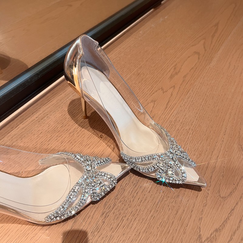New Summer Women's Fashion Pointed Transparent PVC Rhie Wrapped Back New Buckle High Heel Sandals Banquet Shoes e4d4