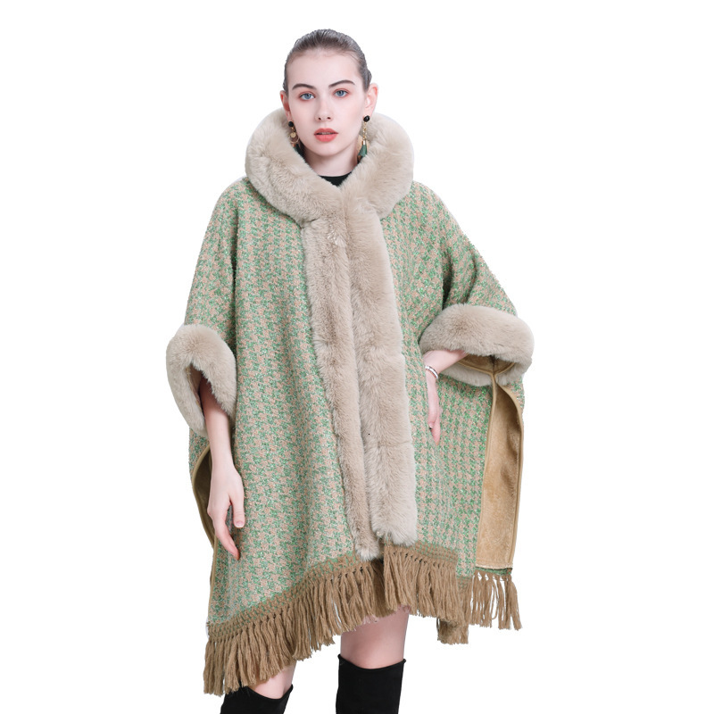 Autumn and Winter New Cape Shawl Loose and Plush Thick Fur Collar Hooded Tassel Cardigan Shawl Cloak Outerwear 1186