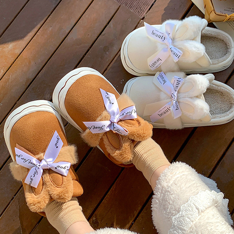 2025 NEW Home Lucyever Rabbit Bow Cotton Slippers for Women Winter Faux Suede Warm Slides Woman Comfy Thick Sole Plush Shoes Female hurenlakeshoes
