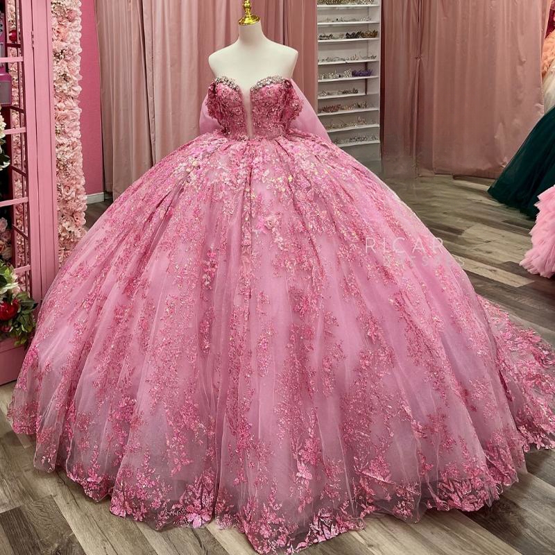 Luxury Pink Shiny Quinceanera Dressess 2025 Off The Shoulder Sequin Applique Lace Beads Tull Ball Gowns Sweet 16 Dress Vestidos De 15 Anos